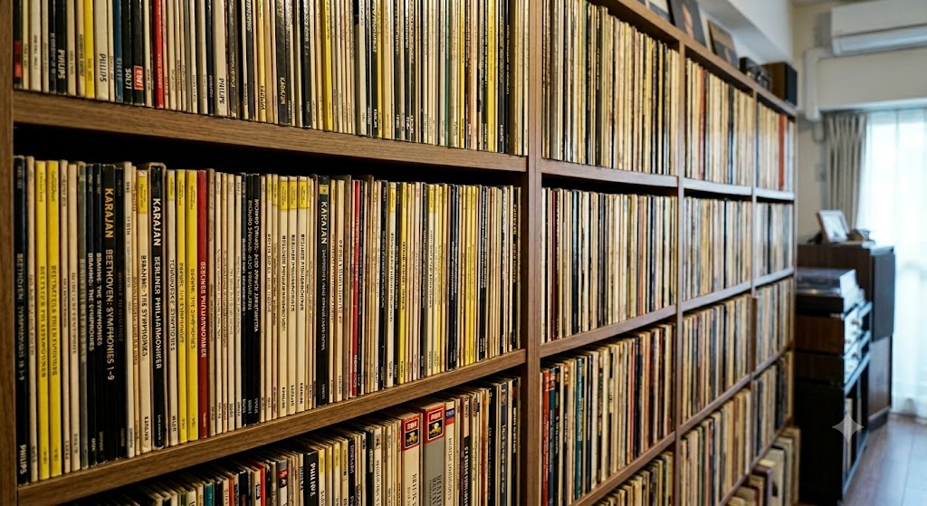 木のテーブルに並んだクラシックLPレコードと解説書