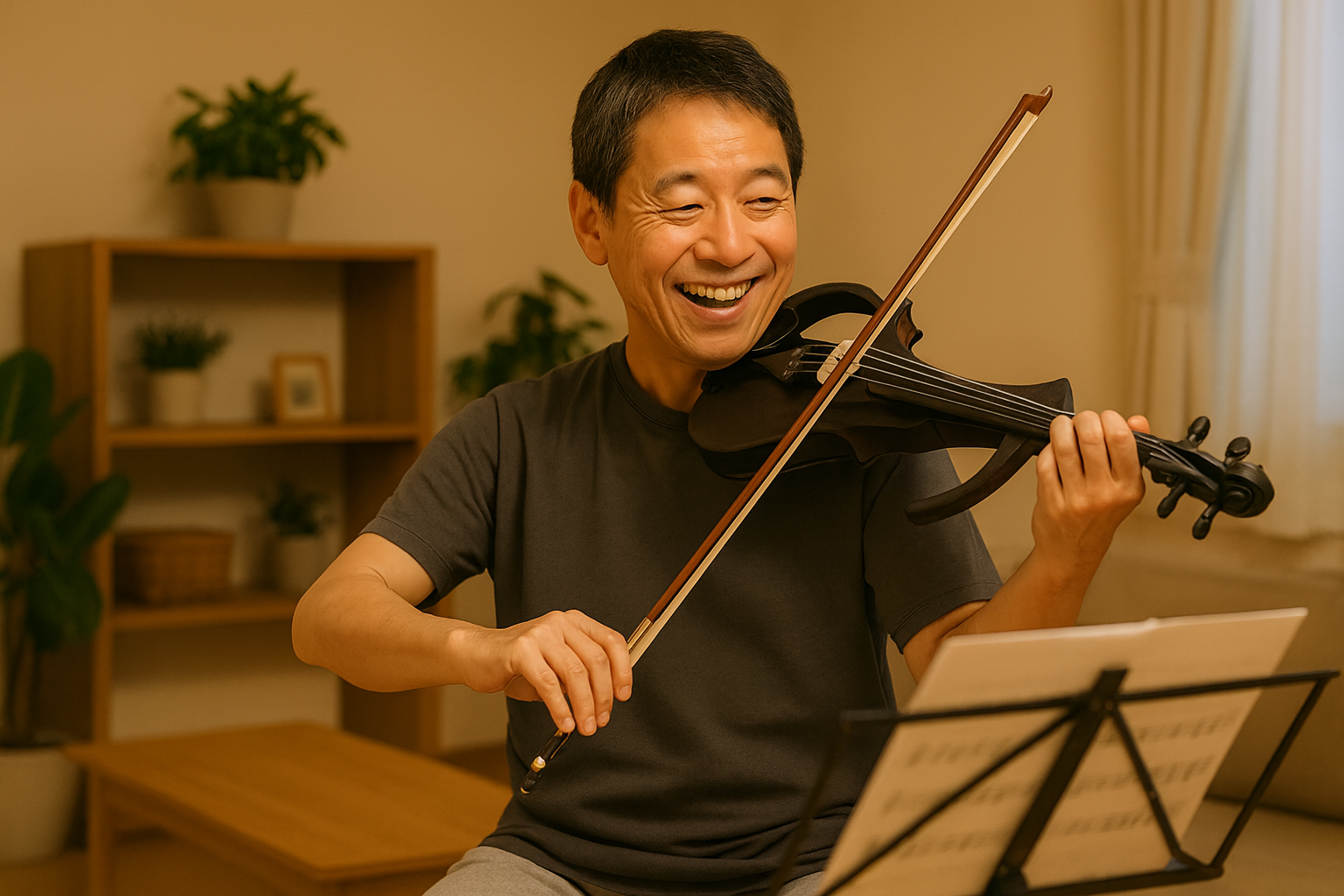 自宅でバイオリンを練習する大人