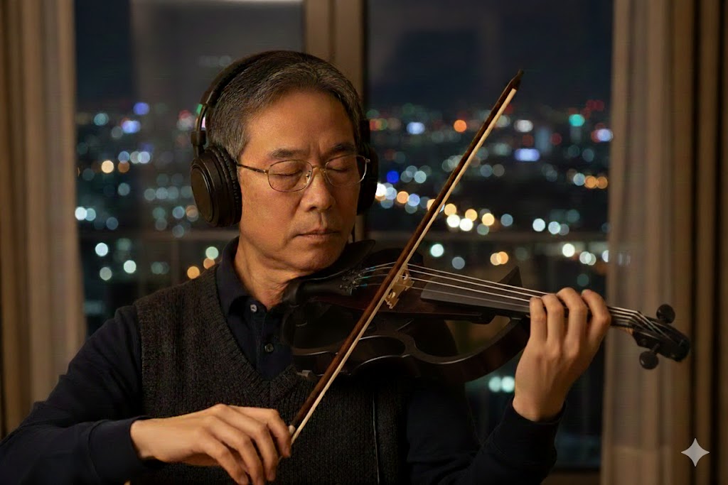 自宅でヘッドホン練習する電子バイオリン初心者