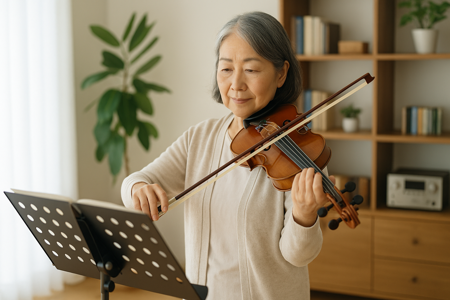 老後の趣味としてバイオリンを始めるシニア女性のイメージ