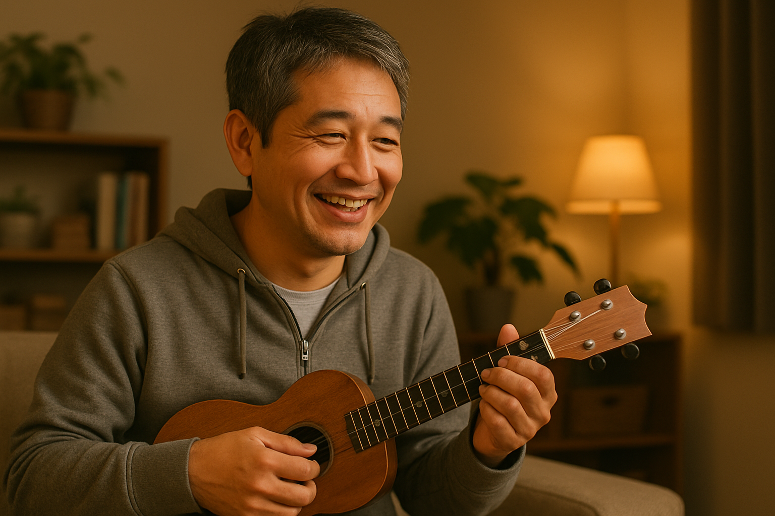 自宅でウクレレを楽しそうに演奏する中年男性